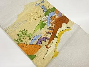 綴れ海辺風景に人物・舟模様織出し名古屋帯